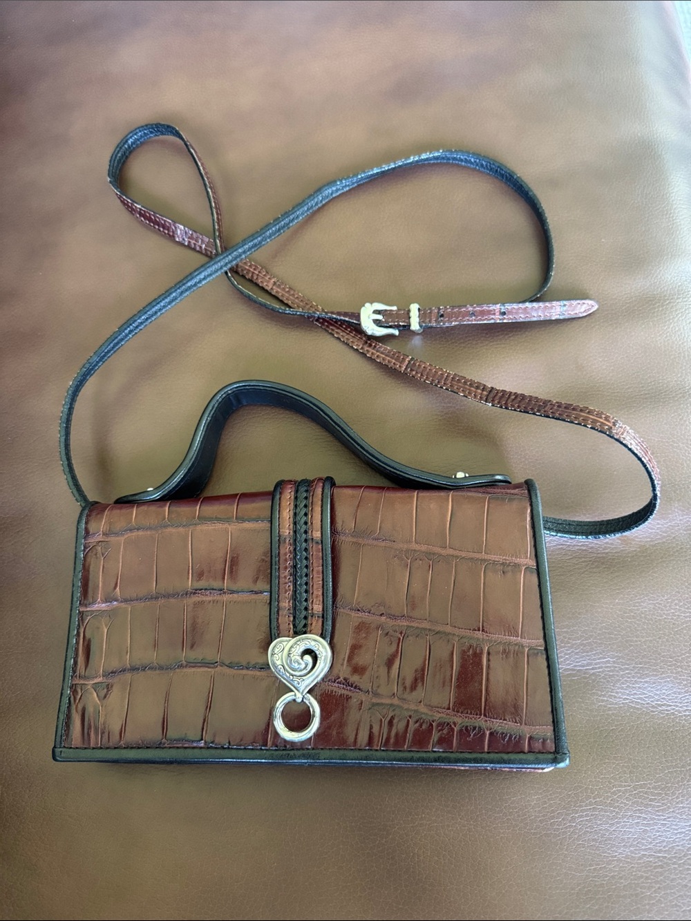 Brighton Vintage Brown Croc-Embossed Crossbody Organizer Purse
